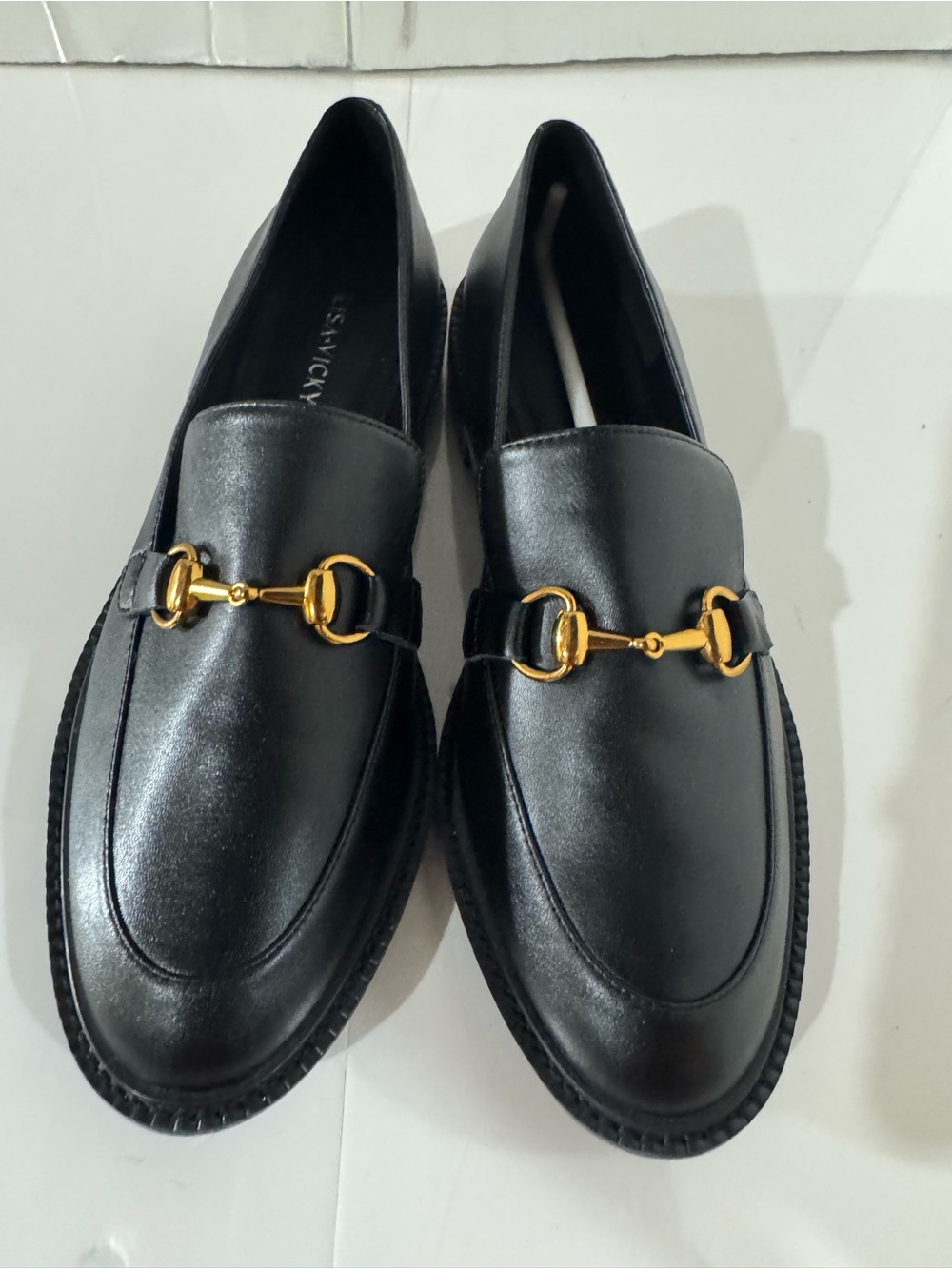 Black Leather Women's Loafers with Gold Bit Accent Size 7.5
